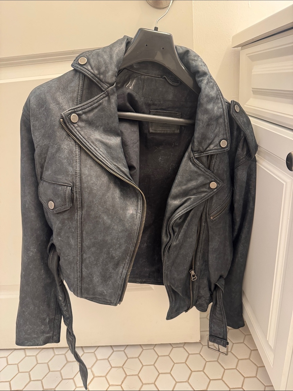 Carmar Distressed Charcoal Black Leather Moto Jacket